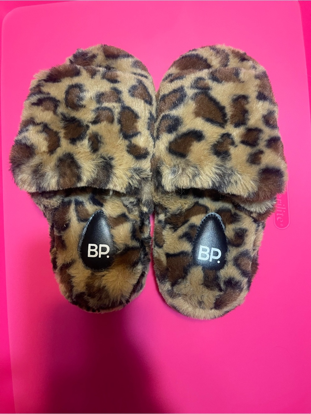 bp Leopard Print Faux Fur Slide Slippers - Black and Brown